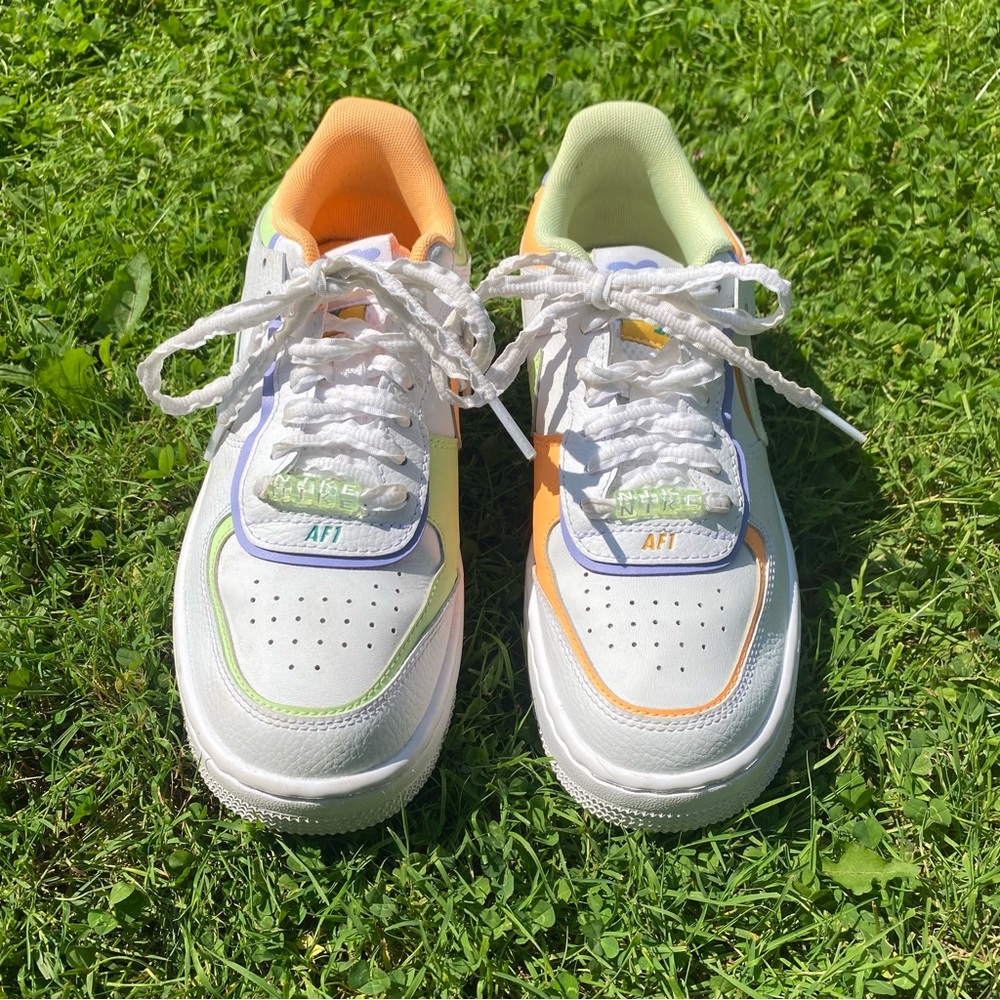 Nike air force 1. white,green,orange and purple women’s shoe size:6.5